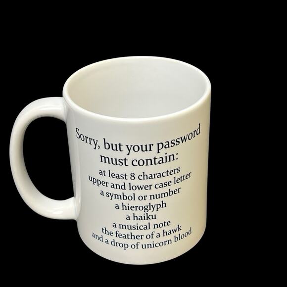 Coffee Mug Comical Password Must Contain Ceramic Cup White Black Letters Amusing - Picture 2 of 10